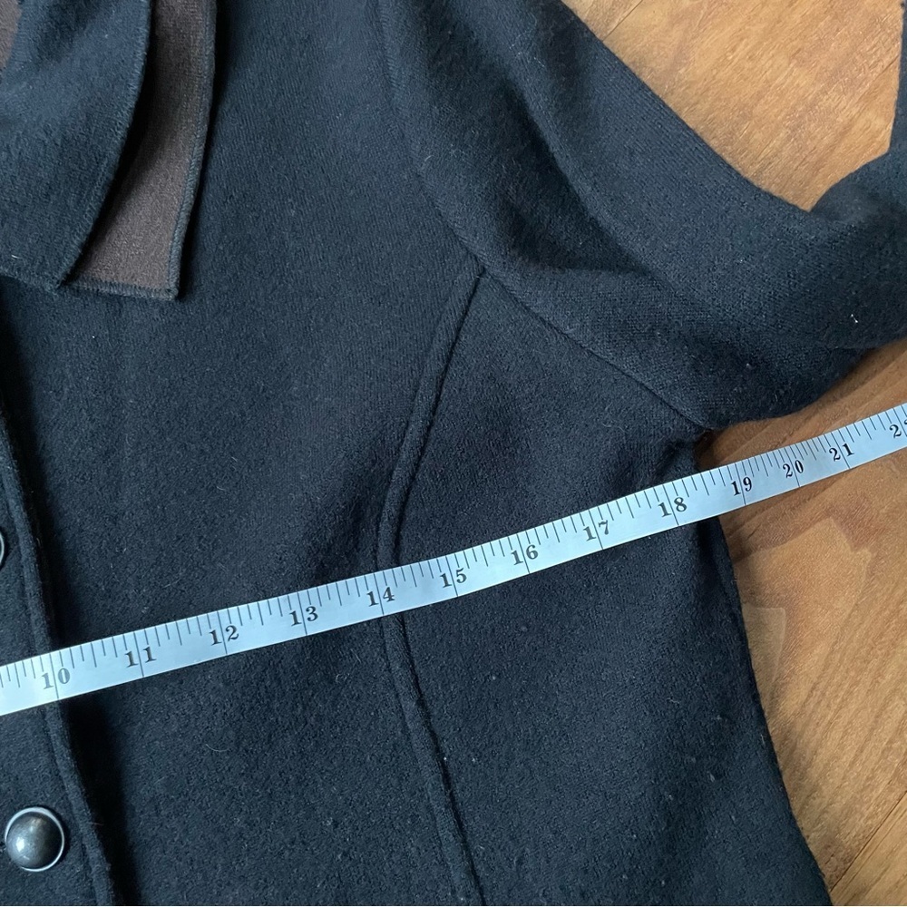 Icelandic Design Black & Brown Wool Coat with Metal Buttons Stand Collar Detail - Picture 13 of 15